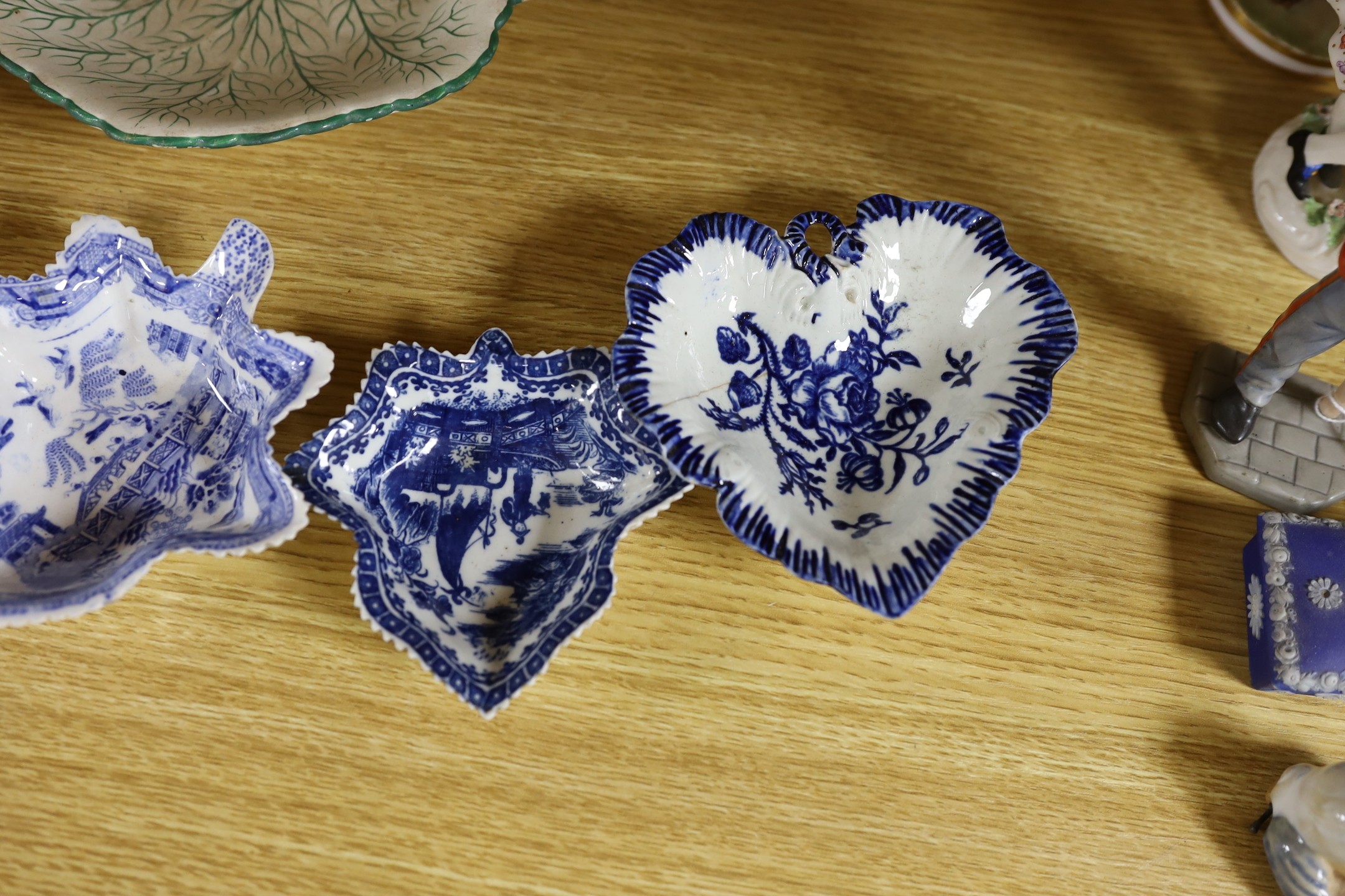 A group of late 18th century Liverpool porcelain leaf pickle dishes, and later pearlware leaf dishes